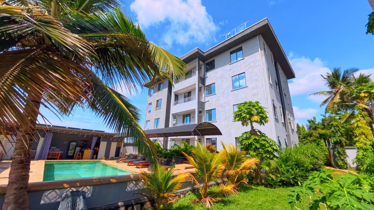 Pool and apartment building