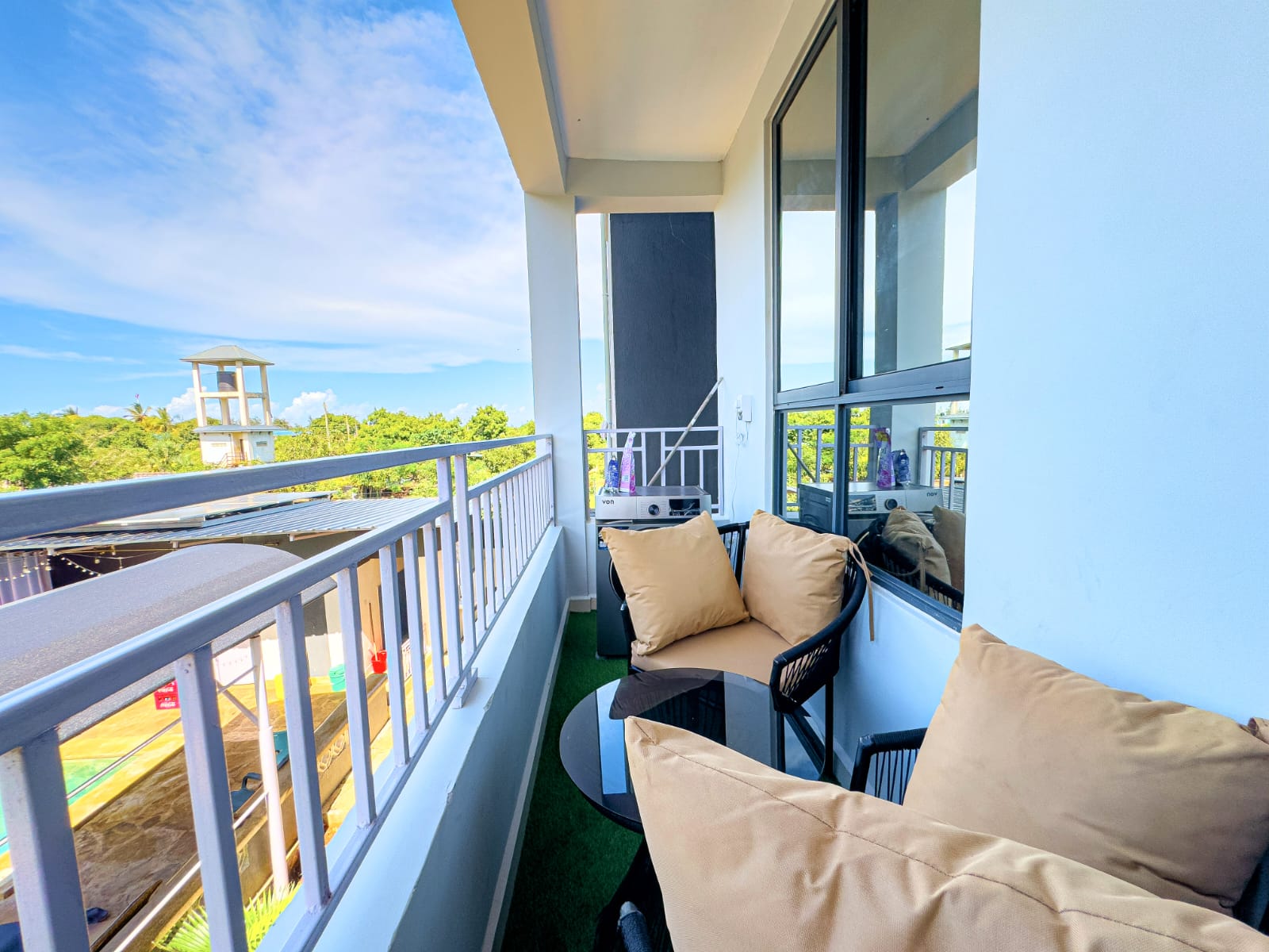 Balcony seating and pool view